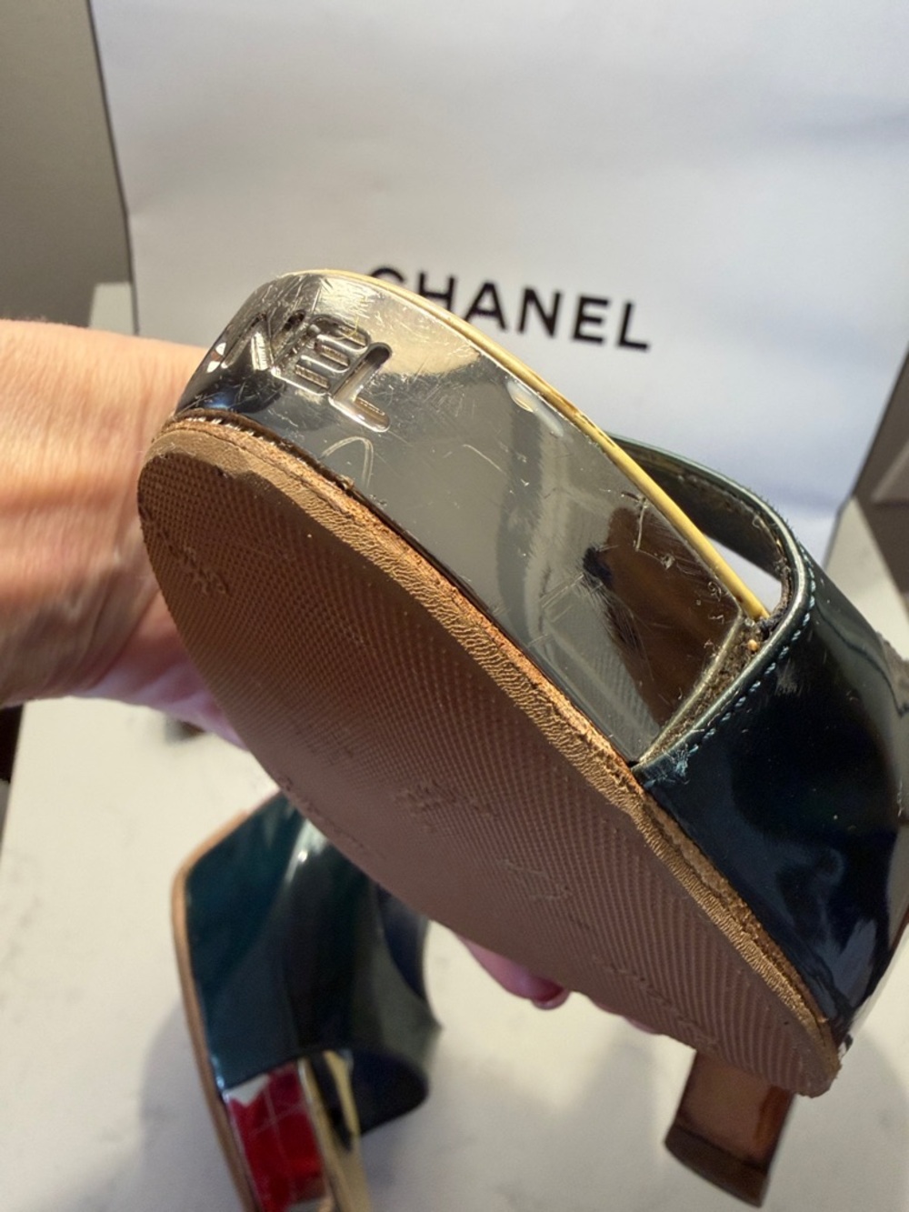 CHANELPatent Leather 5”  Slingback Heels with Silver embossed Toe Cap